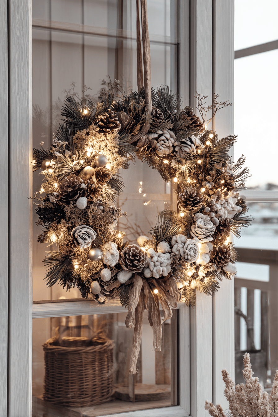 Ein weihnachtlich geschmückter Lichterkranz mit Tannenzweigen, Zapfen und Lichtern an einer Tür.