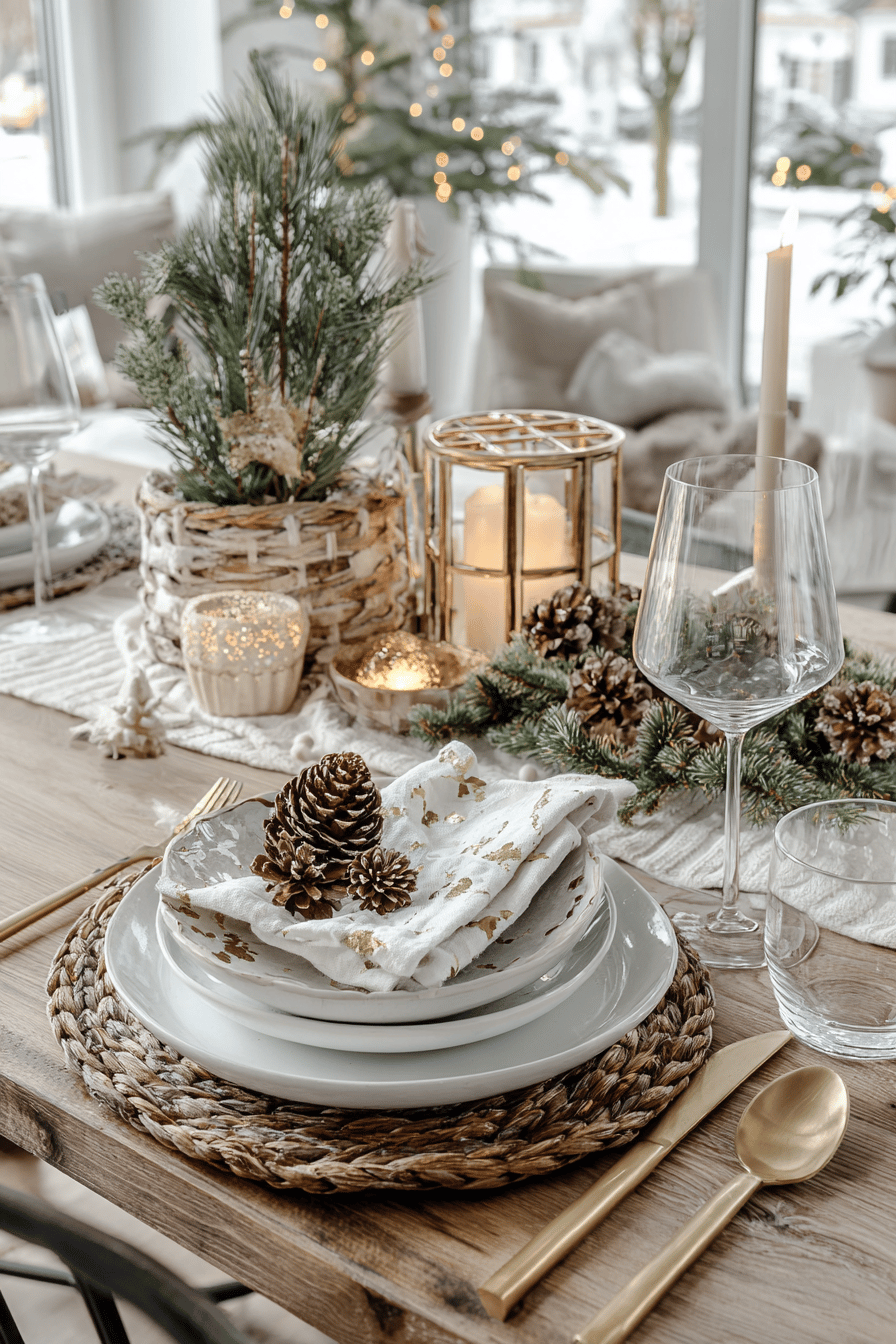 Weihnachtstischdeko mit Goldakzenten, Kerzen und Tannenzapfen.