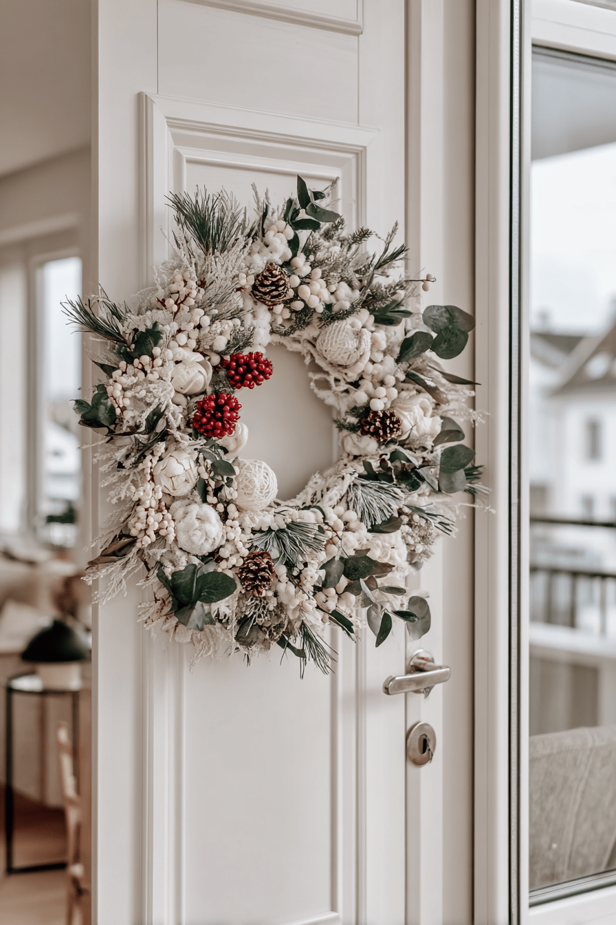 Ein eleganter weißer Türkranz mit roten Akzenten, der an einer modernen Tür hängt.
