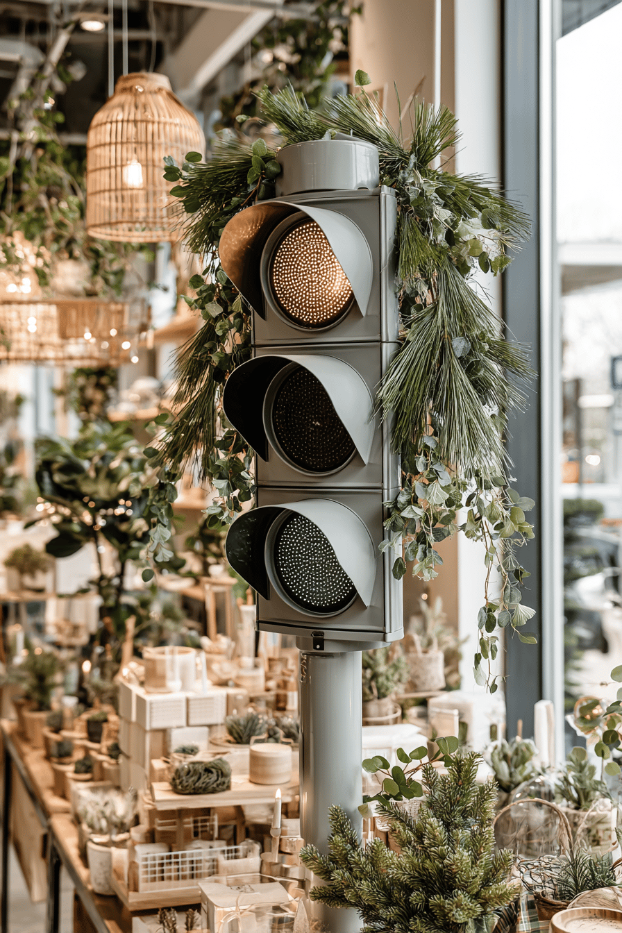 Eine Ampel dekoriert mit Tannengrün in einem weihnachtlich geschmückten Raum.