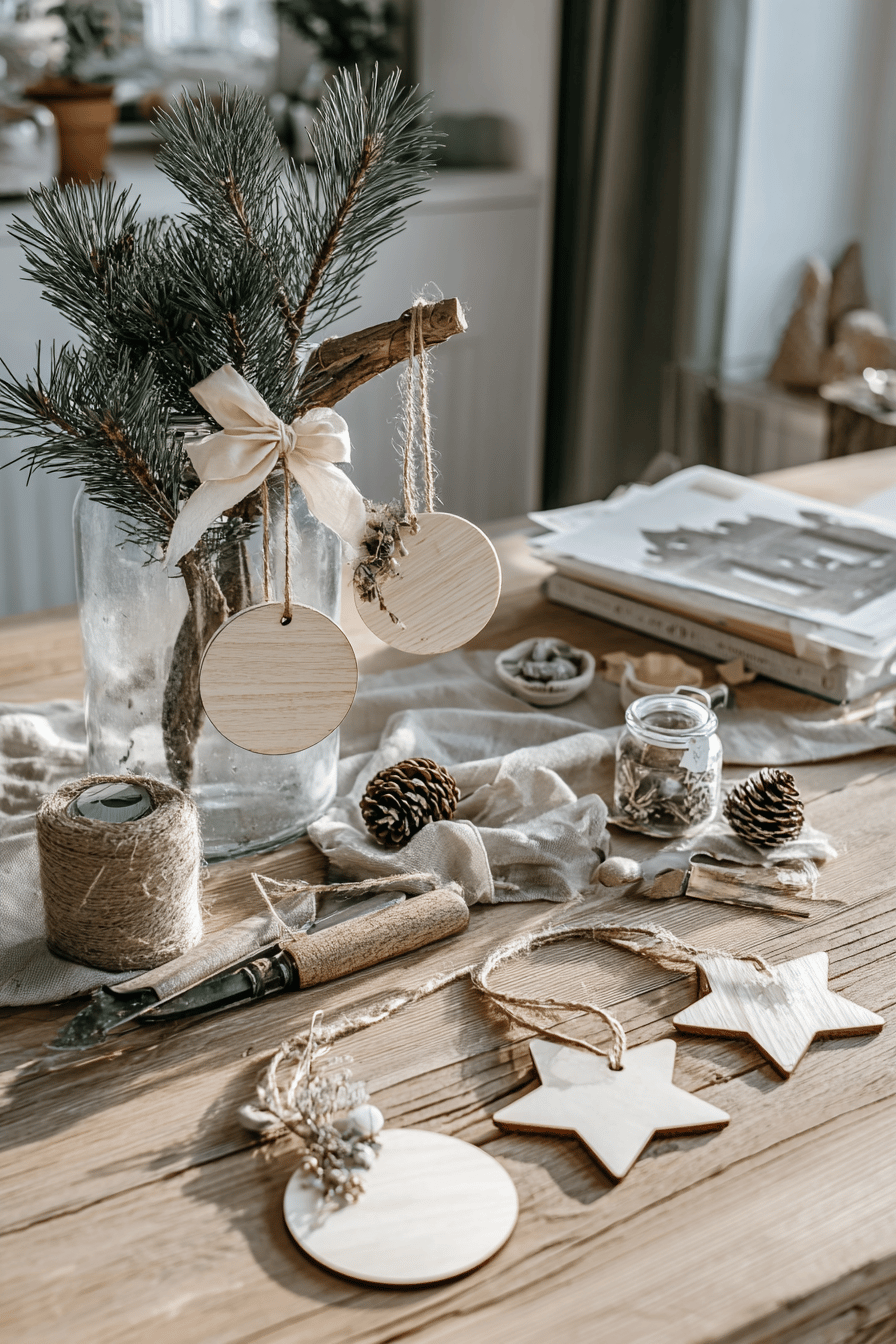 Holzsterne und Holzscheiben-Deko auf einem Tisch mit Bastelmaterialien.