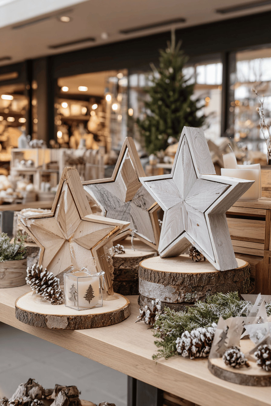 Holzsterne auf Holzscheiben mit weihnachtlicher Dekoration auf einem Basar.