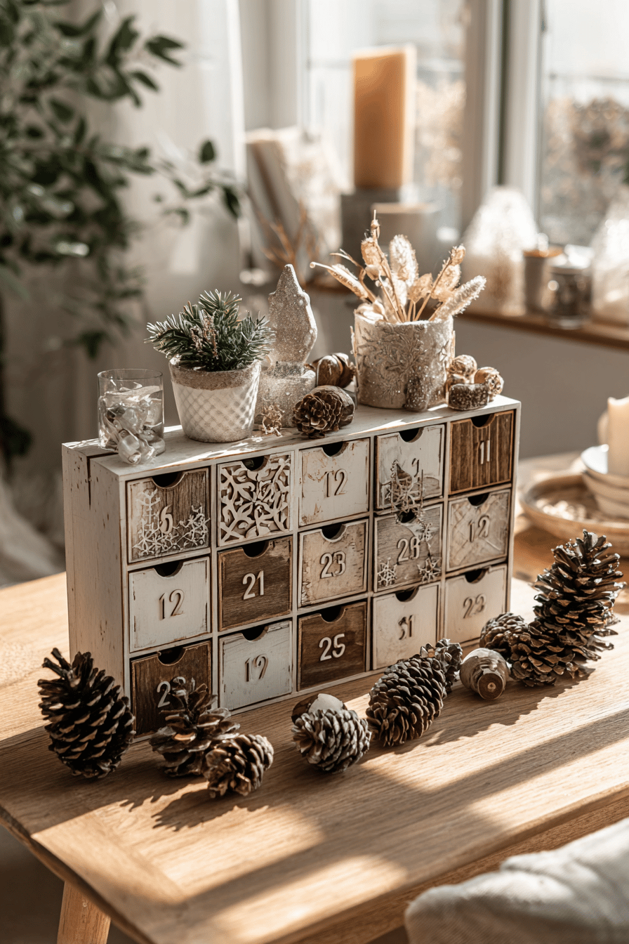 Adventskalender aus Holz mit kleinen Schubladen und dekorativen Elementen.