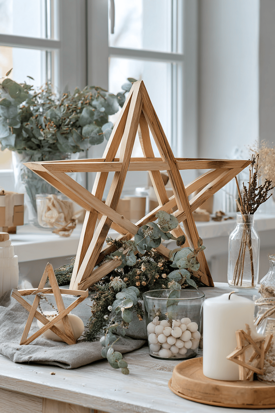 Geometrische Sterne aus Holzleisten auf einem Tisch, umgeben von Dekoration und Kerzen.