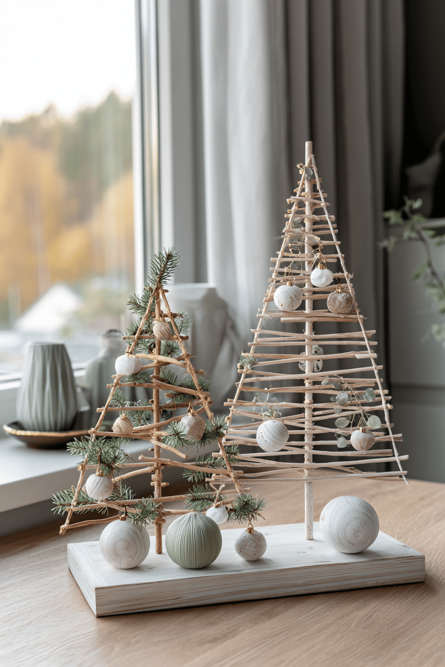 Zwei dekorative Weihnachtsbäume aus Holzstäben mit Kugeln und Zweigen auf einem Holztisch.
