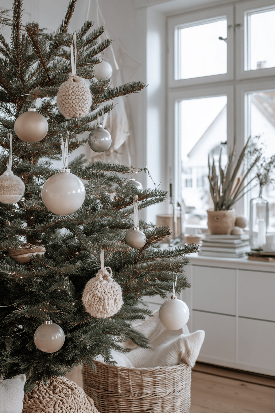 Minimalistischer Weihnachtsbaum im Ton-in-Ton-Look mit dezenten Kugeln und Strickornamenten.