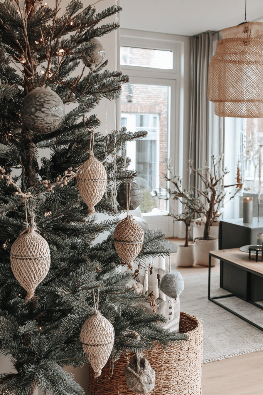 Ein festlich dekorierter Weihnachtsbaum mit Tropfenornamenten und natürlichem Design.