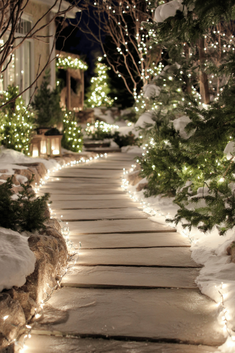 Ein verschneiter Gartenweg, gesäumt von leuchtenden Weihnachtslichtern an Bäumen und Büschen