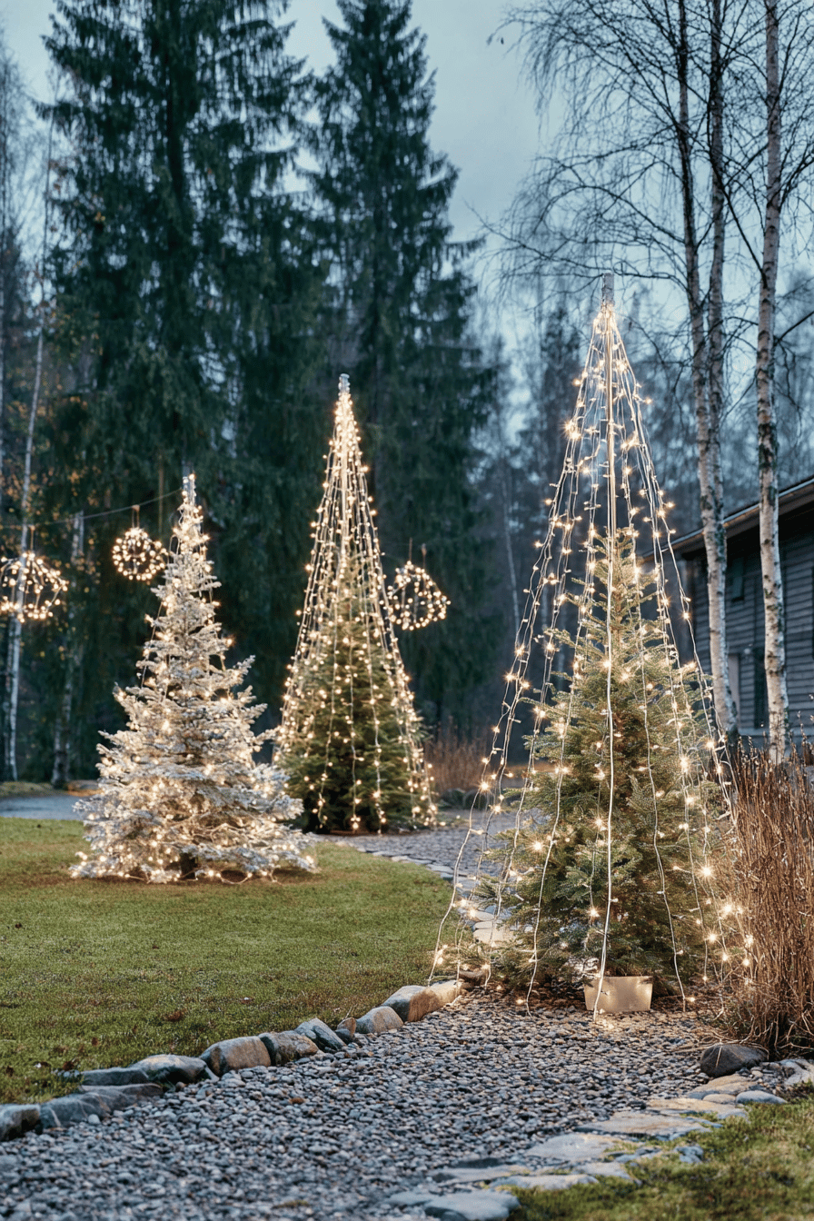 Außenbeleuchtete Tannenbäume entlang eines Weges im winterlichen Garten