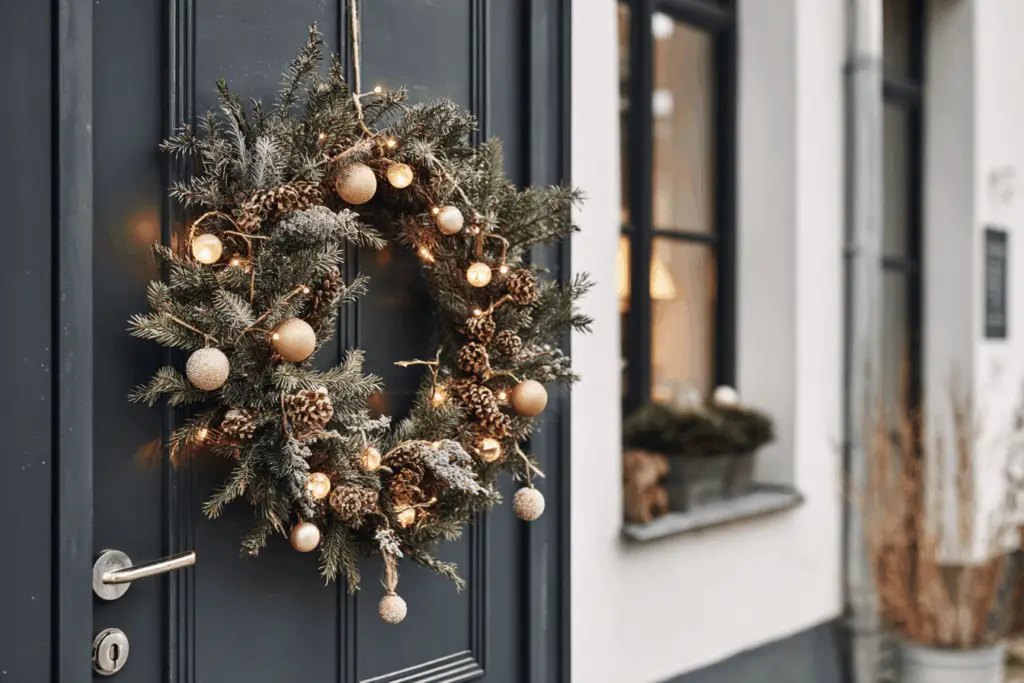 Beleuchteter Weihnachtskranz mit Kugeln und Zapfen an einer Haustür