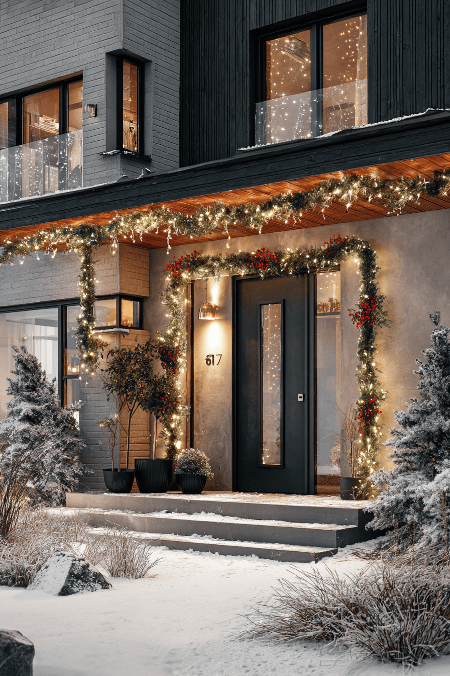 Moderne Haustür mit stilvoller Weihnachtsbeleuchtung, Tannengirlanden und leuchtender Hausnummer