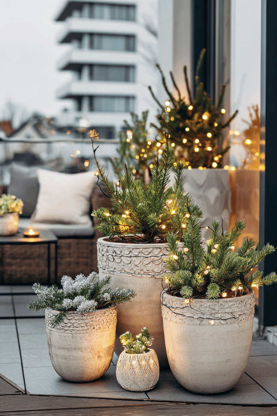Weihnachtlich dekorierte Pflanzentöpfe mit Lichterketten auf einer Terrasse