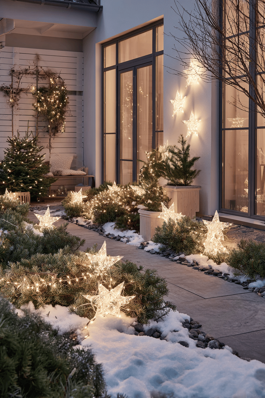LED-Leuchtsterne in einem winterlich dekorierten Vorgarten mit Schnee und Weihnachtsbäumen