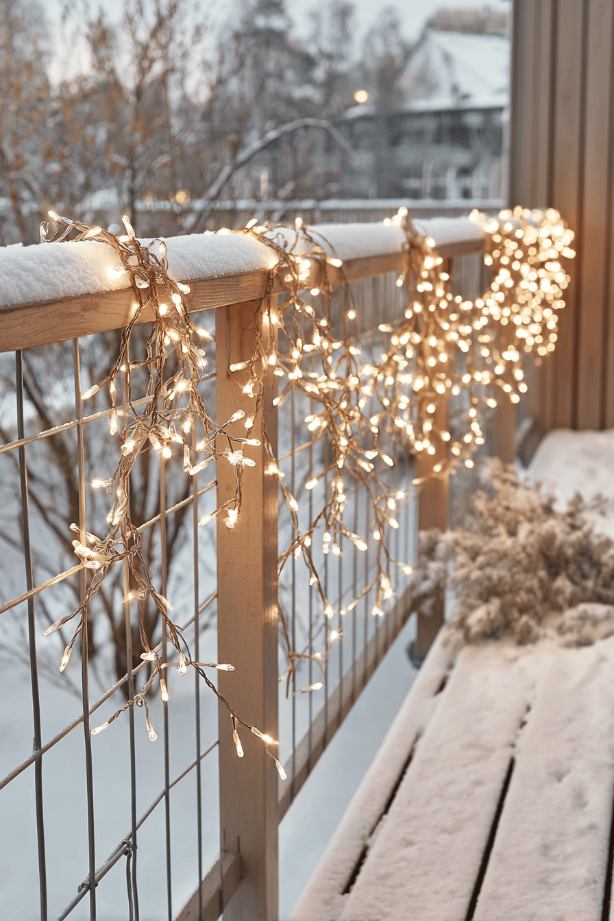 LED-Lichterketten hängen an einem verschneiten Balkon-Geländer