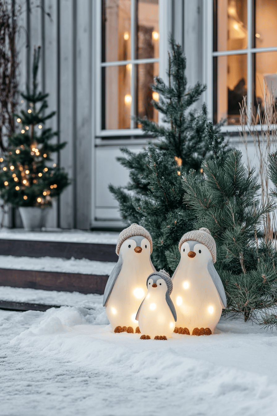 Beleuchtete Pinguinfiguren mit Mütze im Schnee vor einem weihnachtlich dekorierten Haus