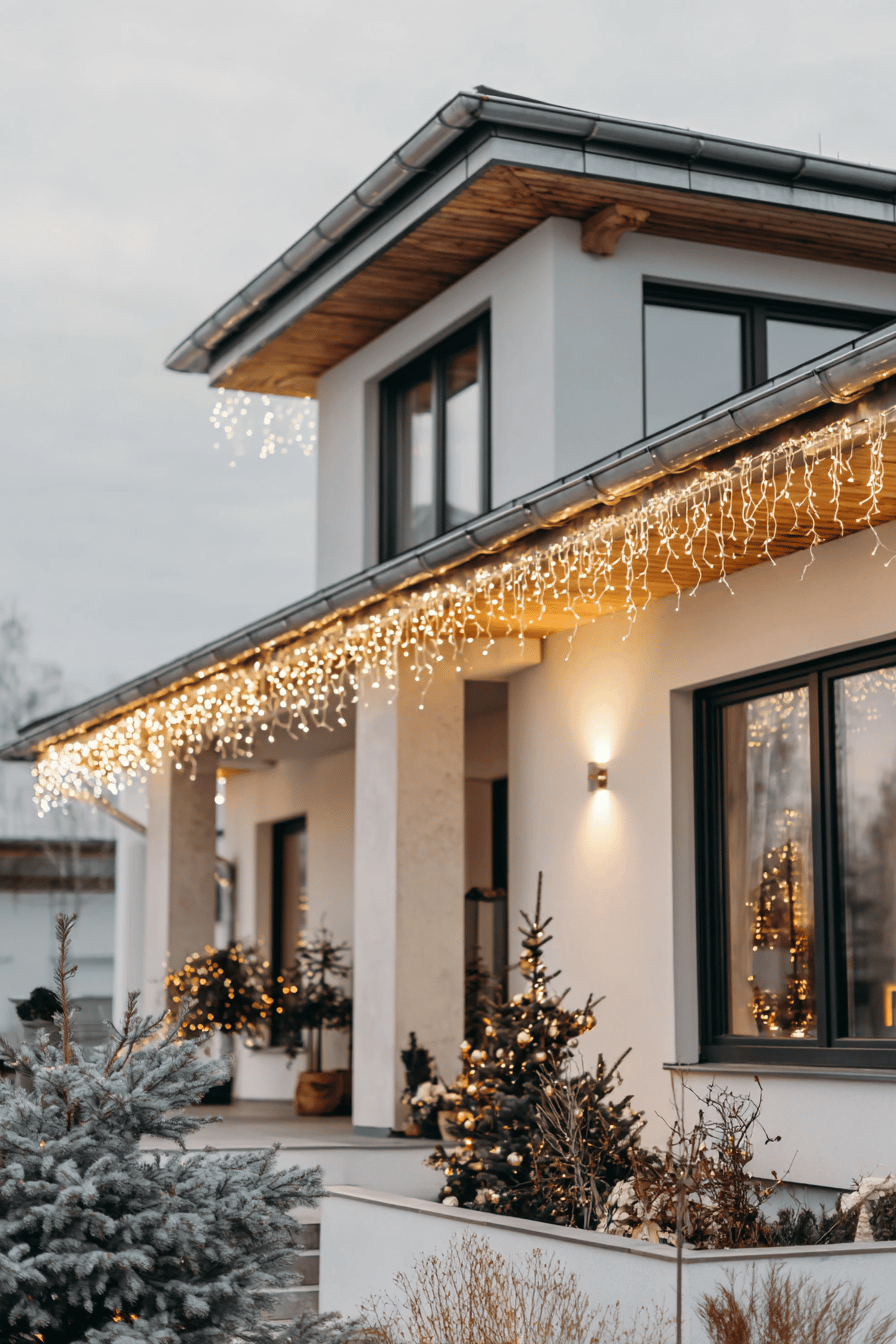 Hausfassade mit warmweißer Lichterkette an Dachkante und beleuchteten Weihnachtsbäumen im Vorgarten