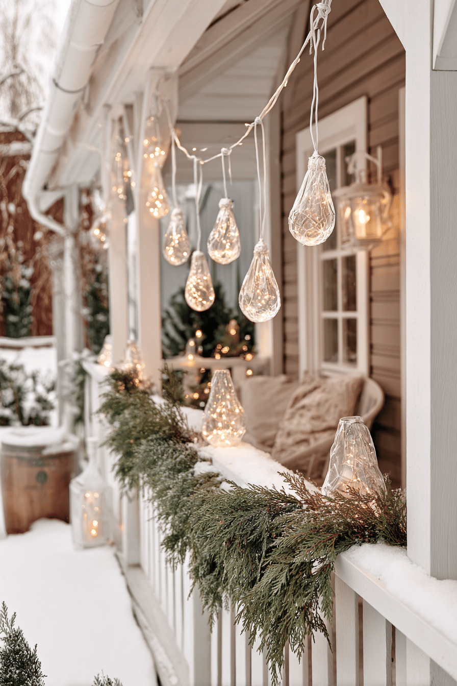 Lichtervorhänge mit LED-Tropfenlampen schmücken eine winterlich dekorierte Veranda.