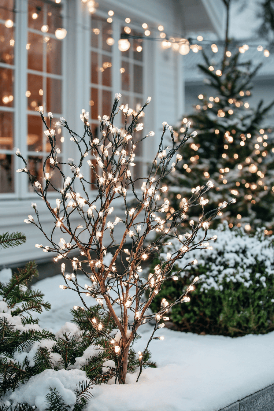 Mit Lichterketten geschmückter Strauch im verschneiten Vorgarten vor Fenster und Tannenbaum