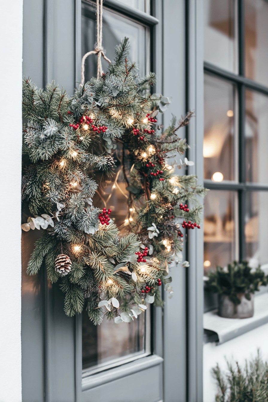 Beleuchteter Weihnachtskranz mit Lichterkette und roten Beeren an einer Haustür