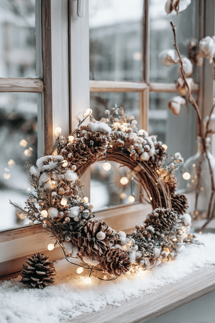 Ein weihnachtlicher Kranz mit Lichterkette auf einer schneebedeckten Fensterbank.