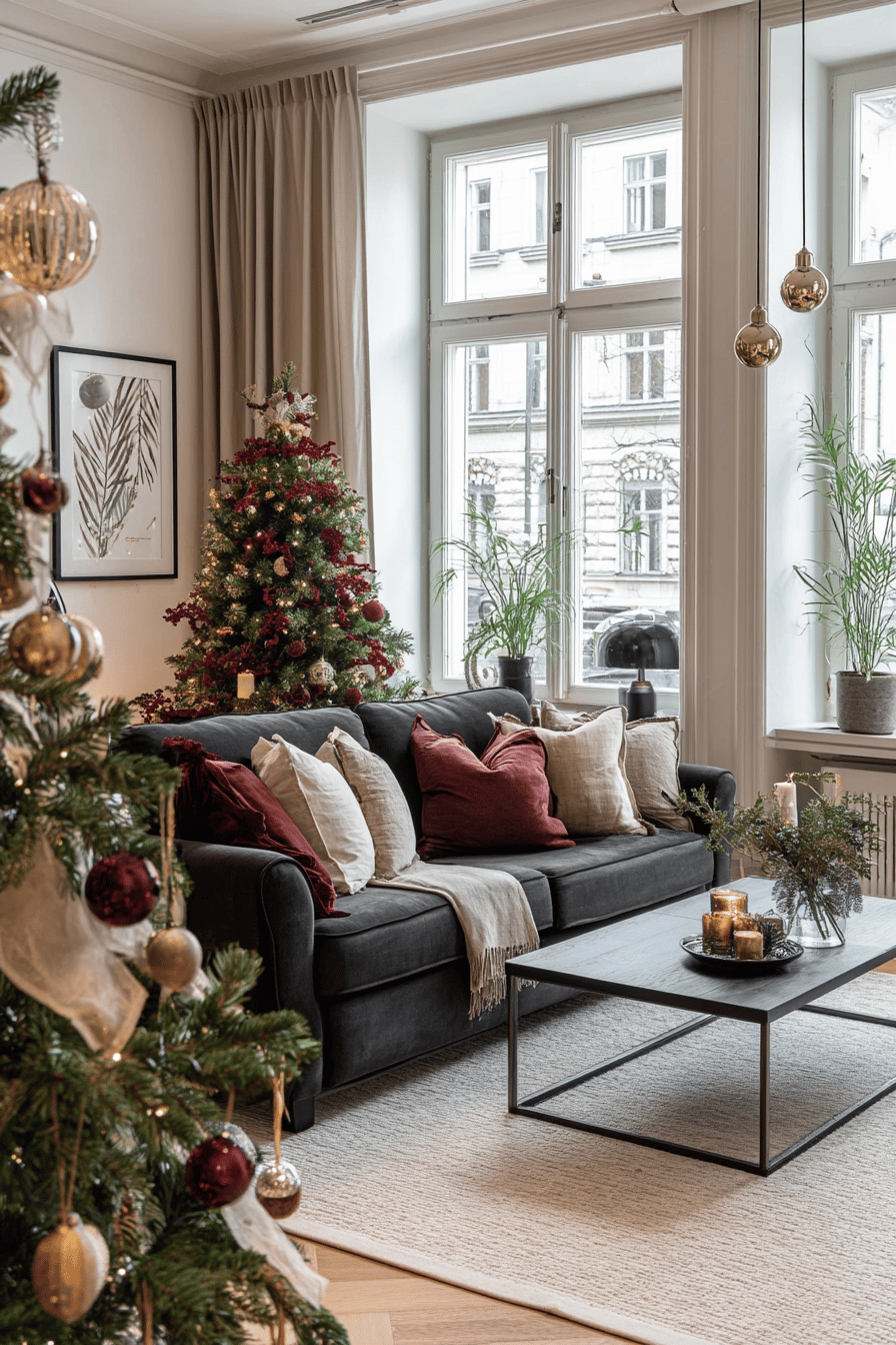 Wohnzimmer mit Weihnachtsbaum in Dunkelrot und Waldgrün, eleganter Couch mit Kissen.