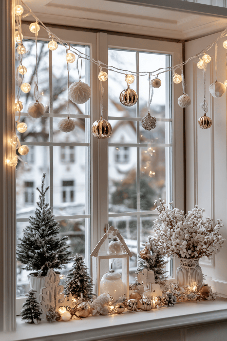 Fensterdekoration mit warmen Lichterketten und festlichen Ornamenten