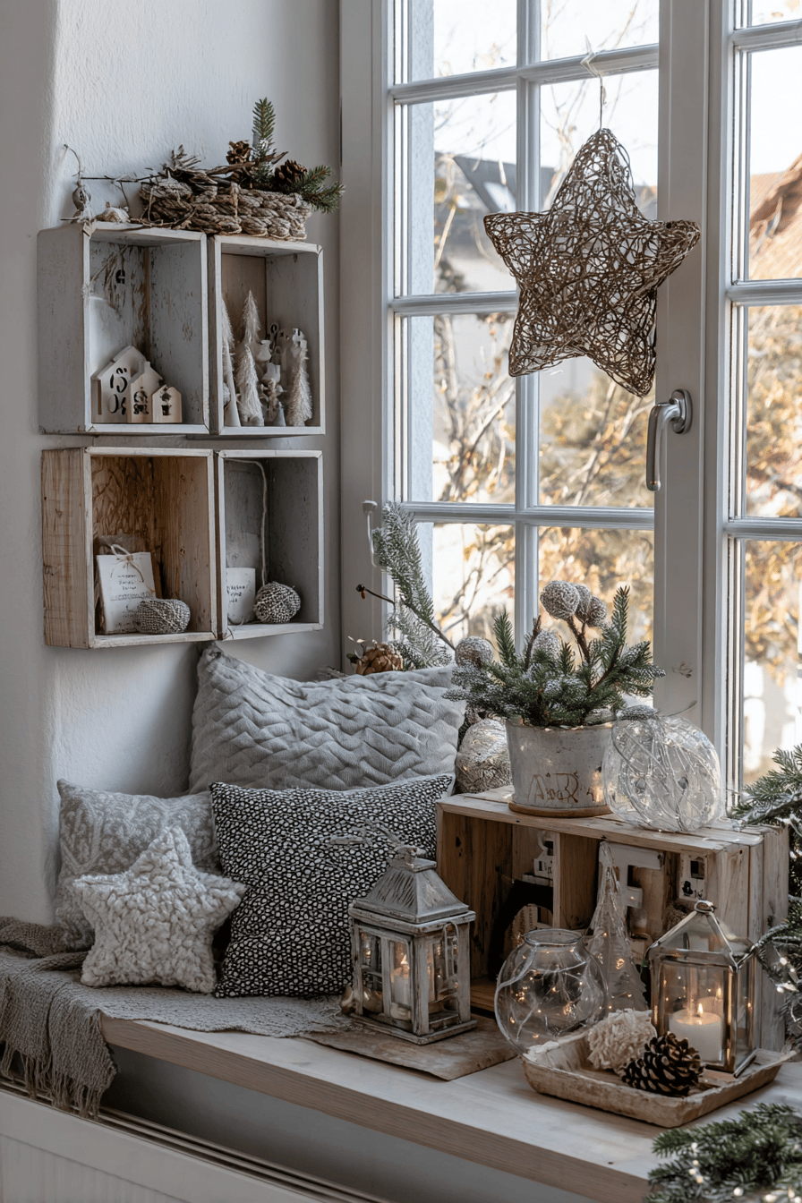 Weihnachtlich dekorierte Fensterbank mit Laternen, Kissen und Adventsschmuck.