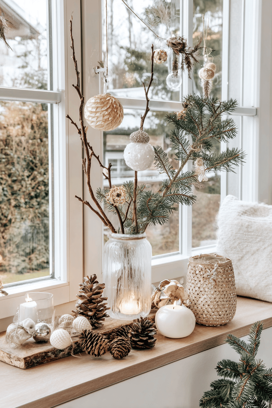 Rustikale Weihnachtsdekoration auf einer Fensterbank mit Kiefernzweigen und Kerzen.