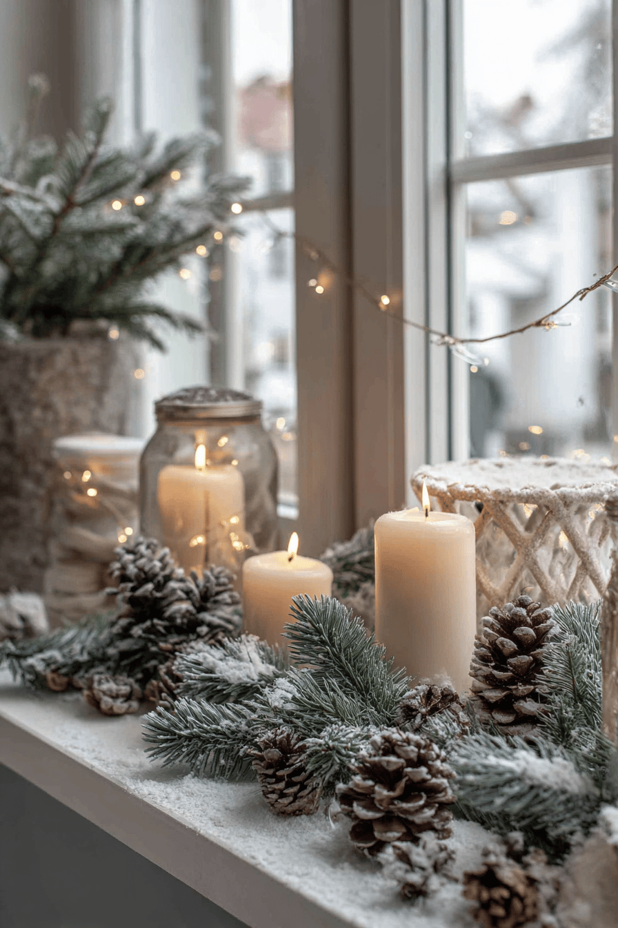 Eine weihnachtlich dekorierte Fensterbank im Freien mit Kerzen, Tannenzweigen, und Kiefernzapfen voll Schnee.