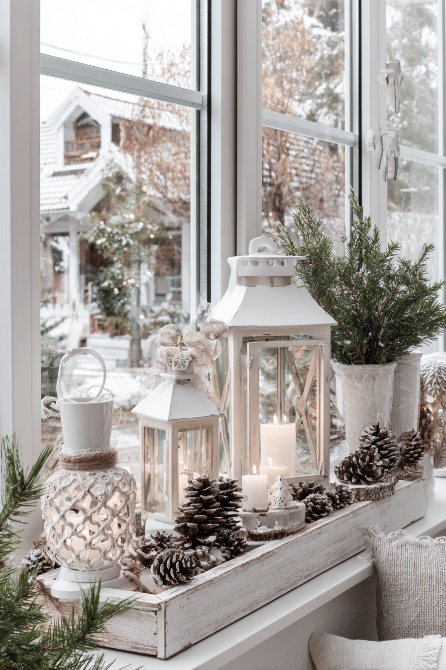 Winterliche Fensterbankdekoration im Freien mit weißen Laternen, Kerzen und Tannenzapfen.