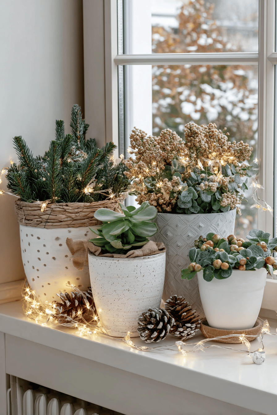 Geschmückte Fensterbank mit Topfpflanzen und Lichterketten im Winter.