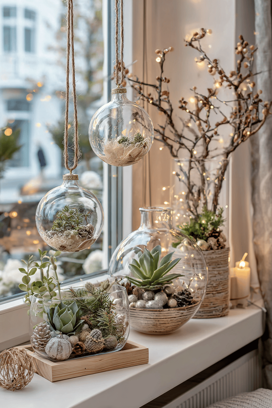 Weihnachtsdeko mit Glaskugeln und Naturmaterialien auf einer Fensterbank.