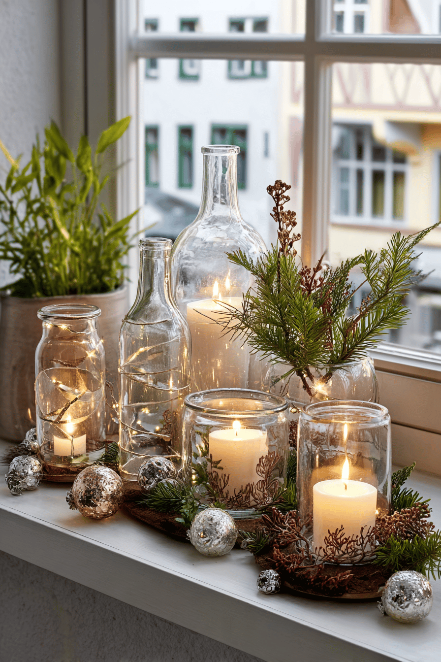 Verschiedene Glasflaschen mit Kerzen und Lichtern als Weihnachtsdeko auf einer Fensterbank.