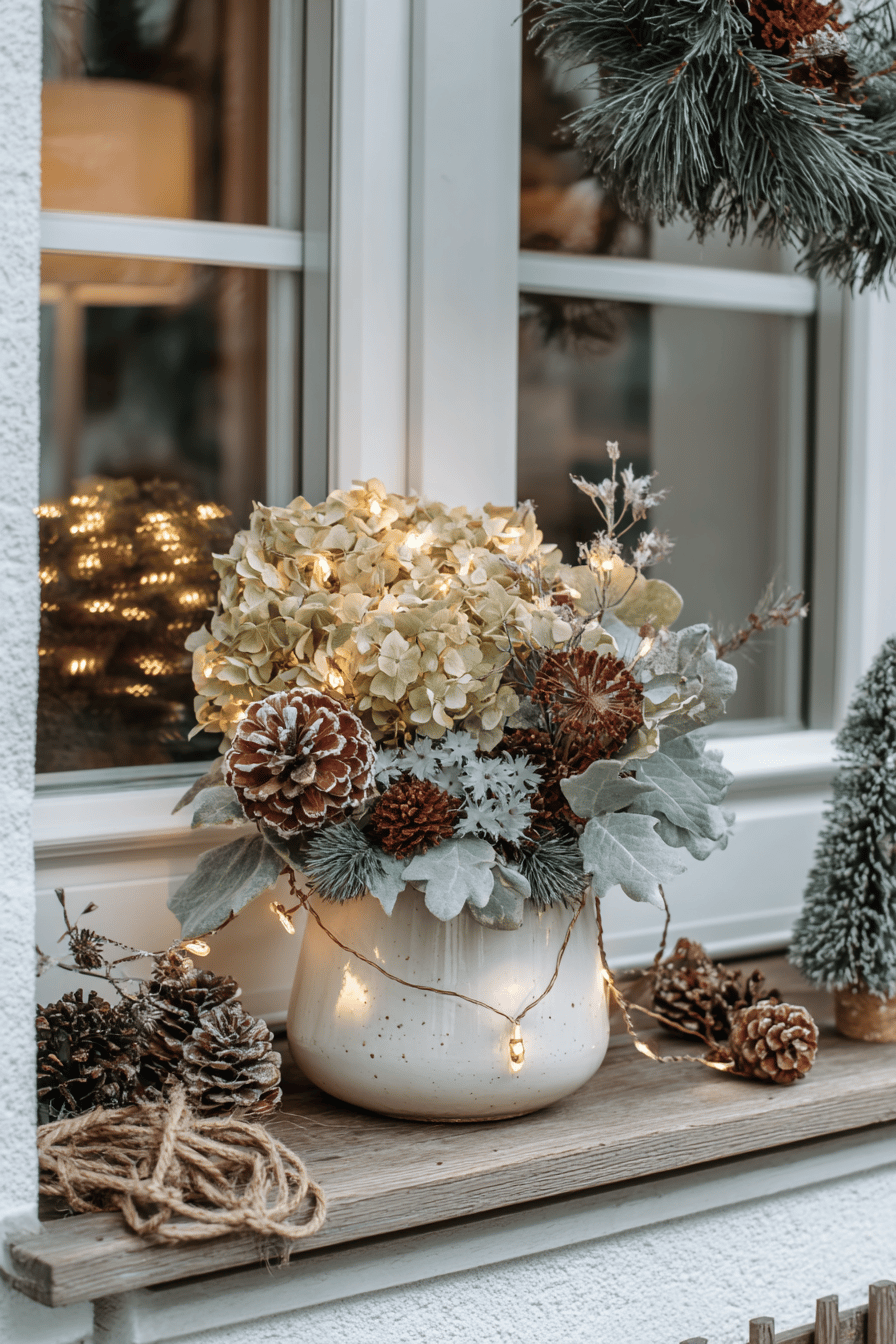 Fensterbank mit weihnachtlicher Dekoration aus getrockneten Hortensien, Lichterkette und Tannenzapfen.