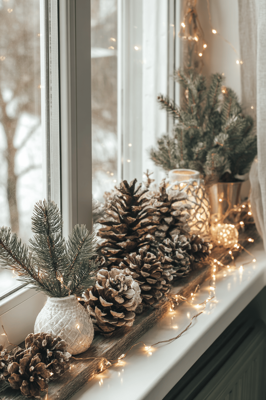 Eine weihnachtlich dekorierte Fensterbank im Freien mit Lichterketten, Tannenzapfen und kleinen Tannenbäumen.