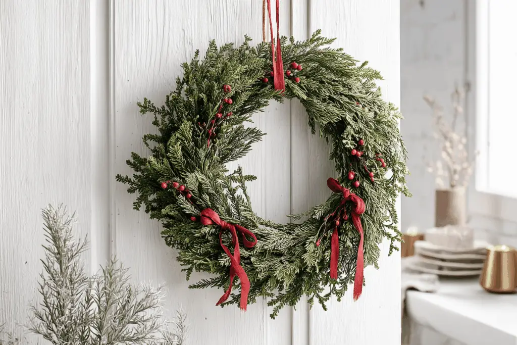 Weihnachtskranz mit roten Beeren und Schleifen