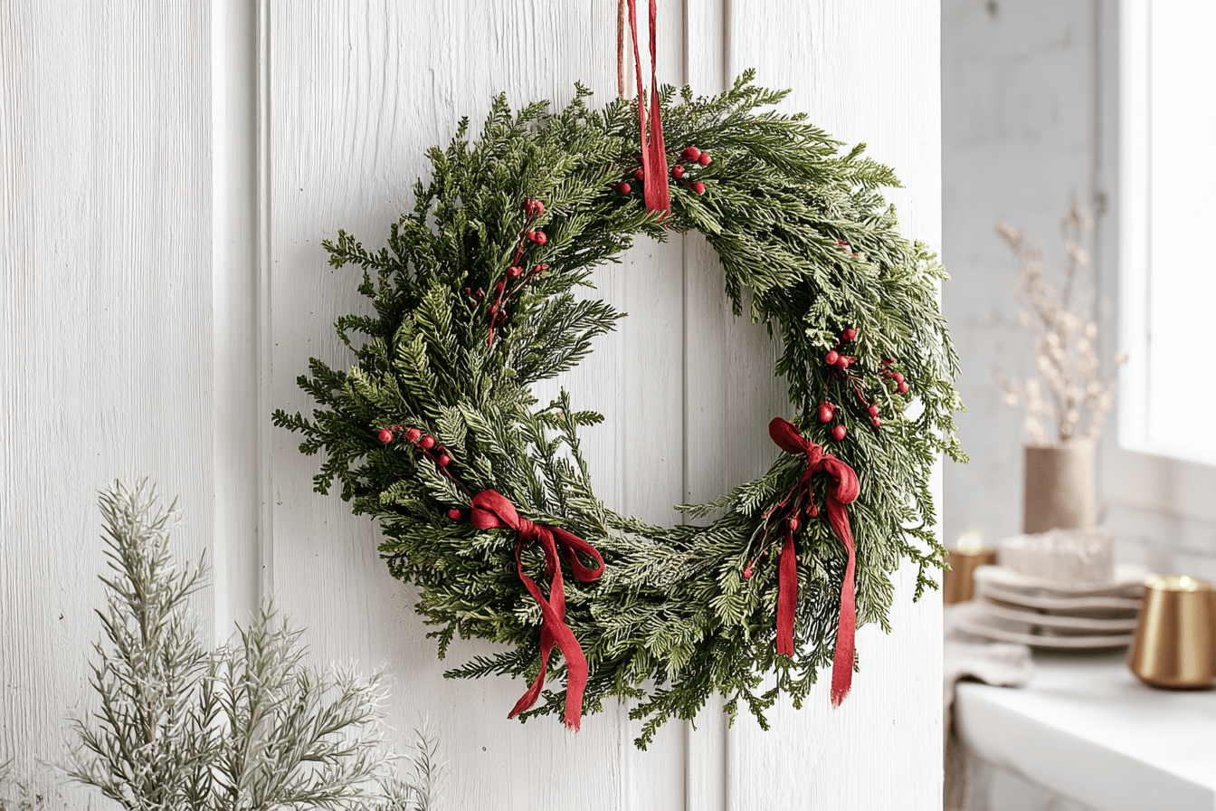 Weihnachtskranz mit roten Beeren und Schleifen