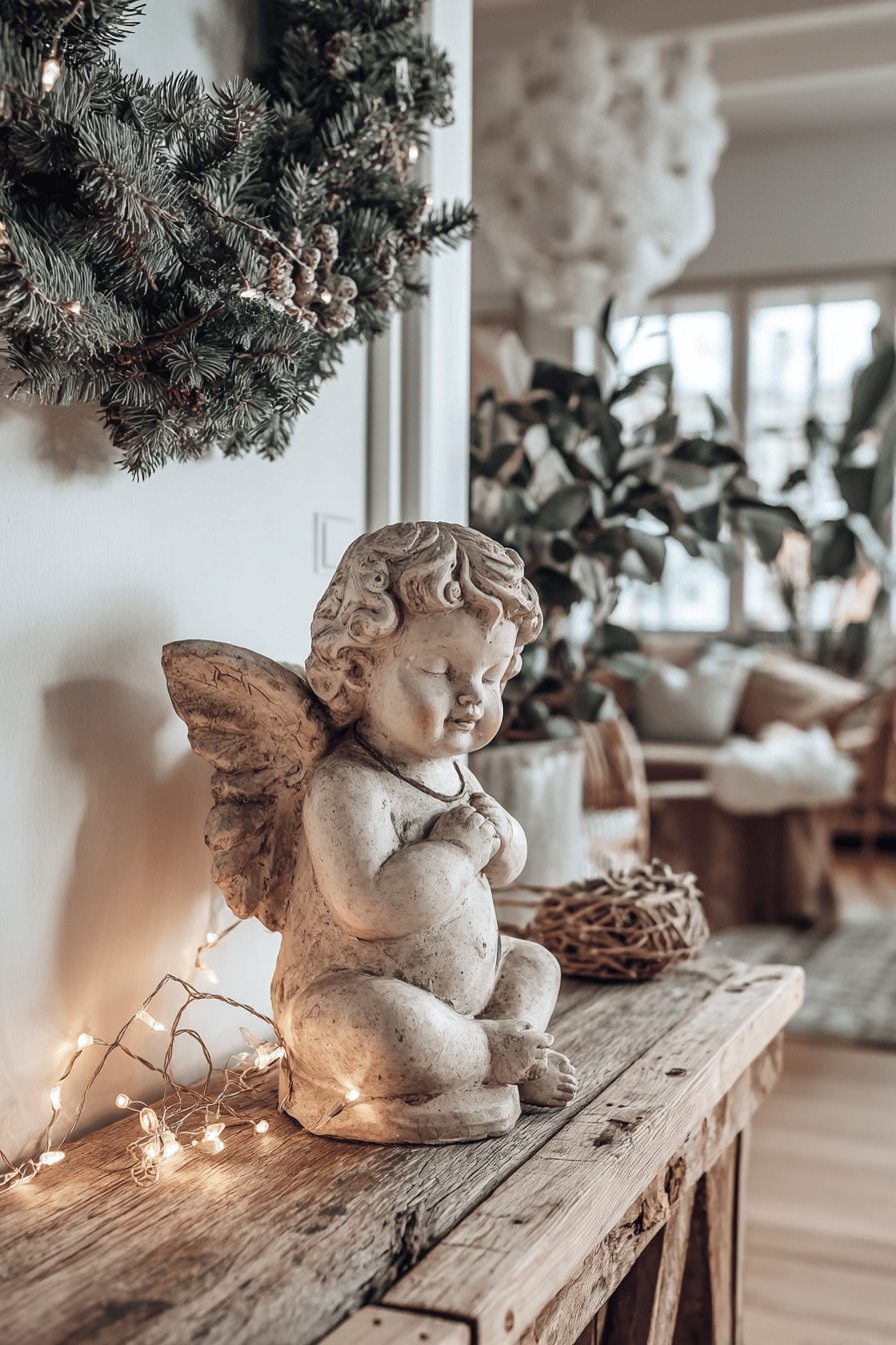 Ein Engel aus Stein dekoriert mit Lichterketten auf einem Holztisch im Flur.