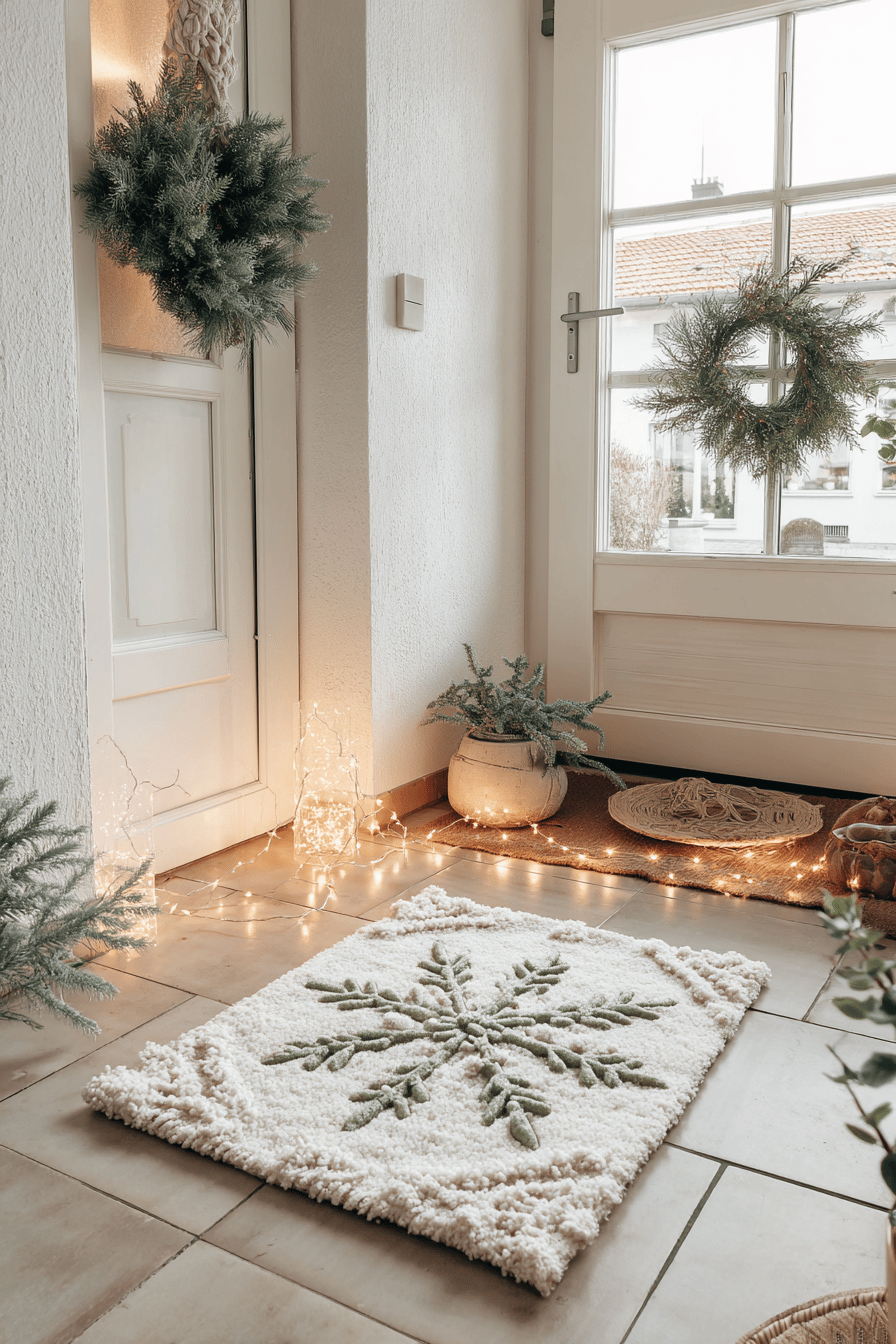 Ein einladender Flur mit weihnachtlicher Dekoration, einschließlich einer Schneeflocken-Fußmatte und Lichterketten.