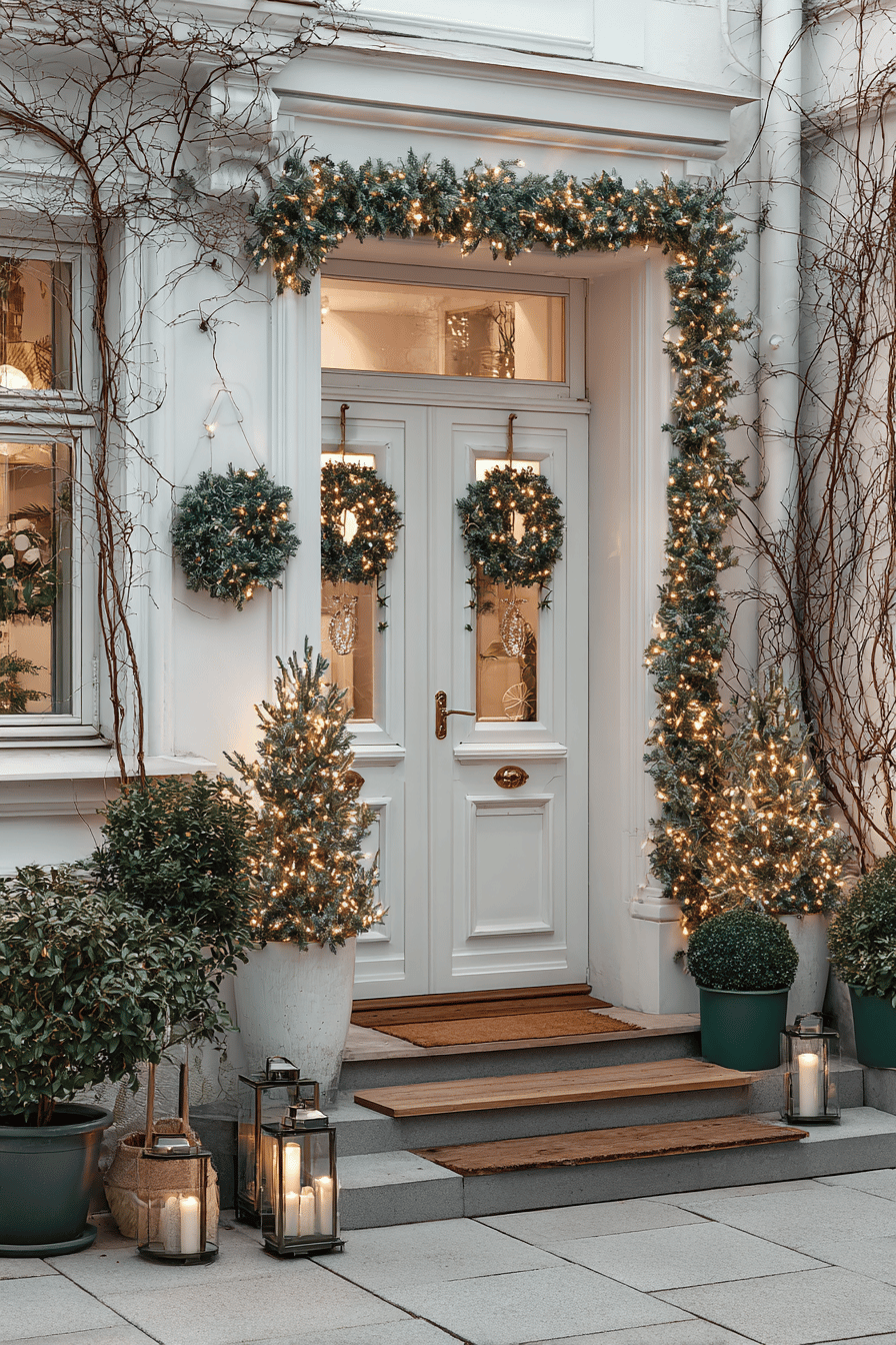 Weiß gestrichene Haustür mit weihnachtlichen Kränzen und Lichterketten dekoriert.