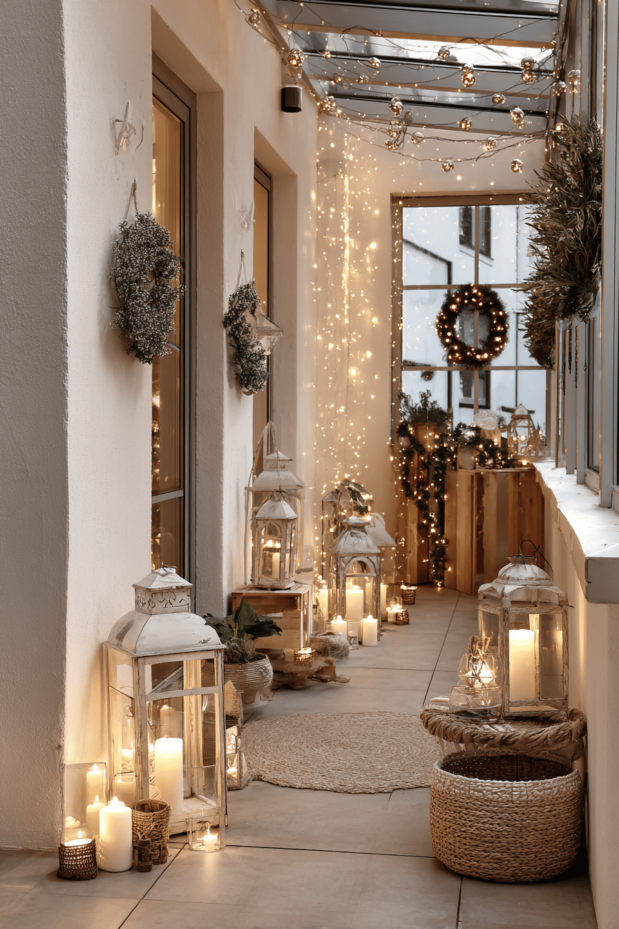 Flur dekoriert mit Kerzen, Laternen und Lichterketten für weihnachtliche Stimmung.