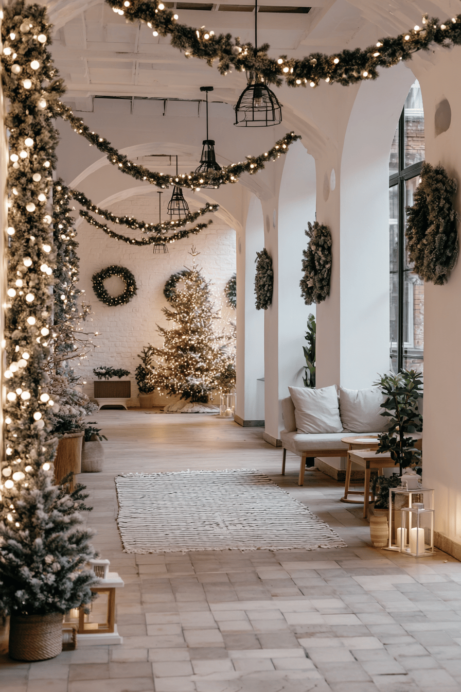 Festlich dekorierter Flur mit Lichterketten und Tannenbaum.