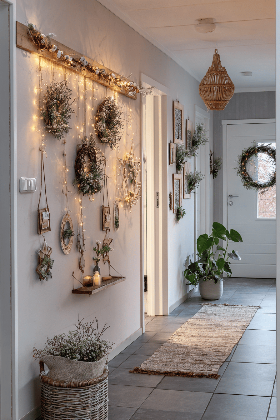 Ein festlich dekorierter Flur mit Weihnachtsgirlanden, Kränzen und Lichtern.