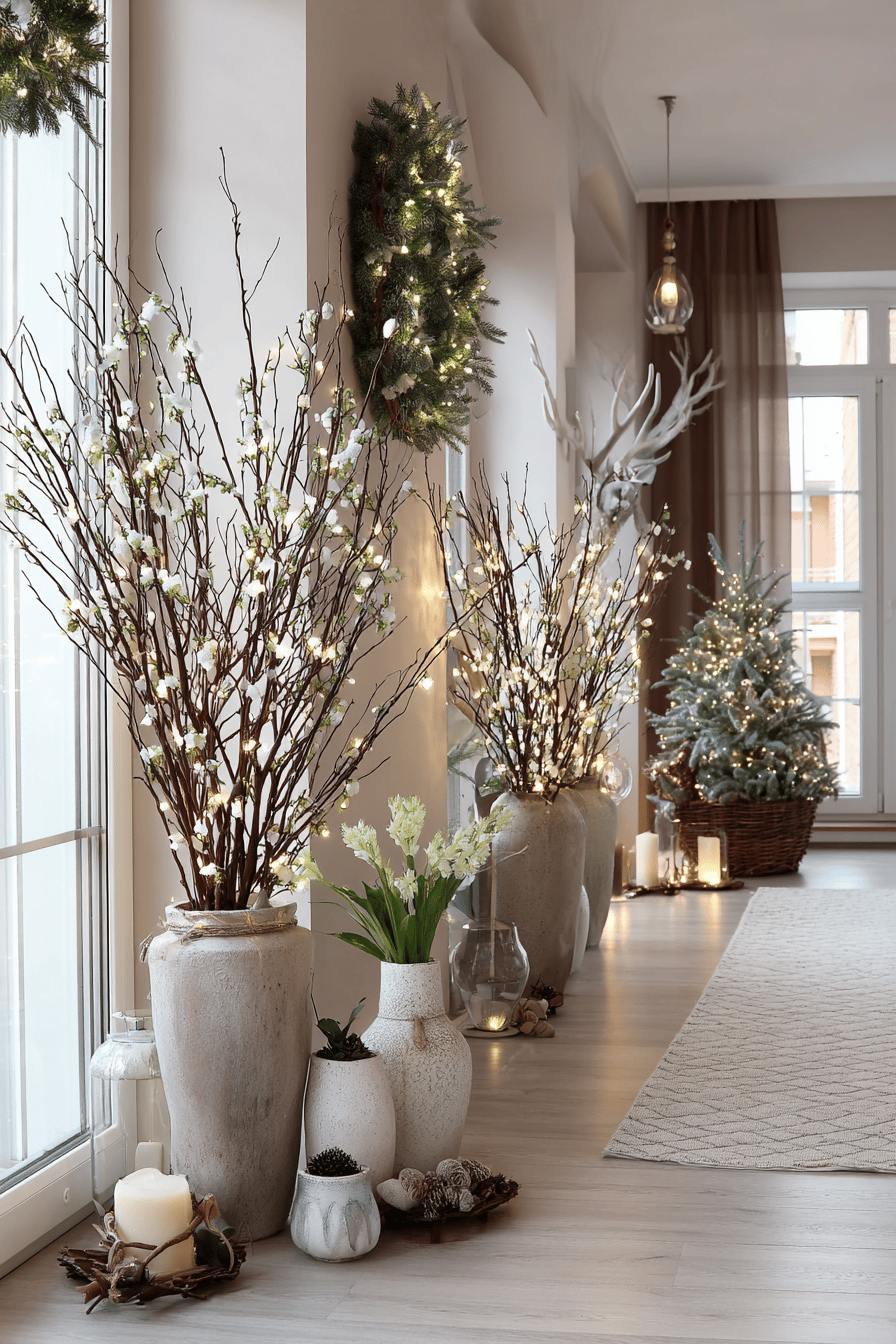 Ein festlich dekorierter Flur mit Vasen voller Winterzweige, kleinen Tannenbäumen und stimmungsvollen Lichtern.