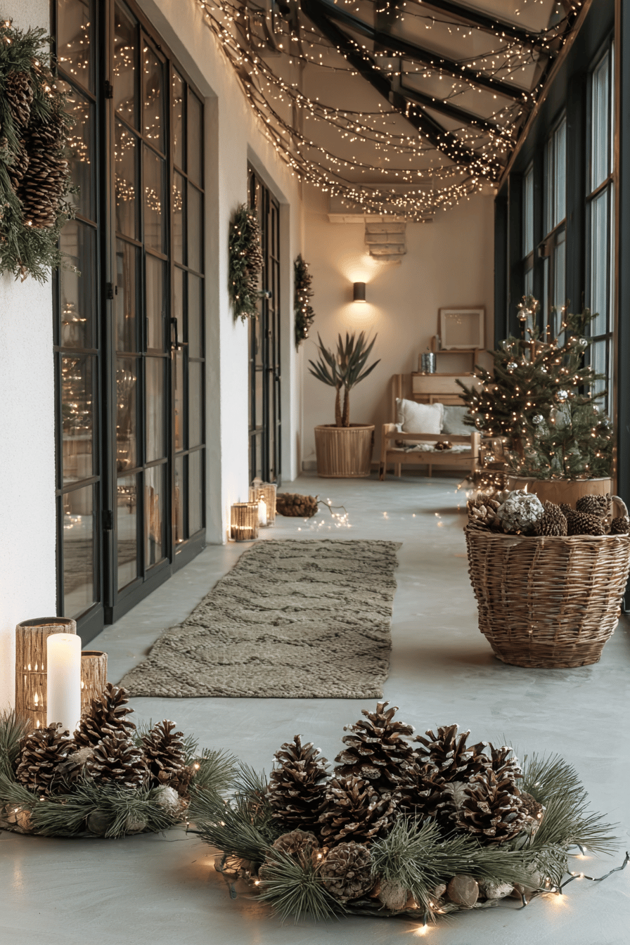 Ein festlich dekorierter Flur mit Tannenzapfen, Lichterketten und Naturmaterialien.