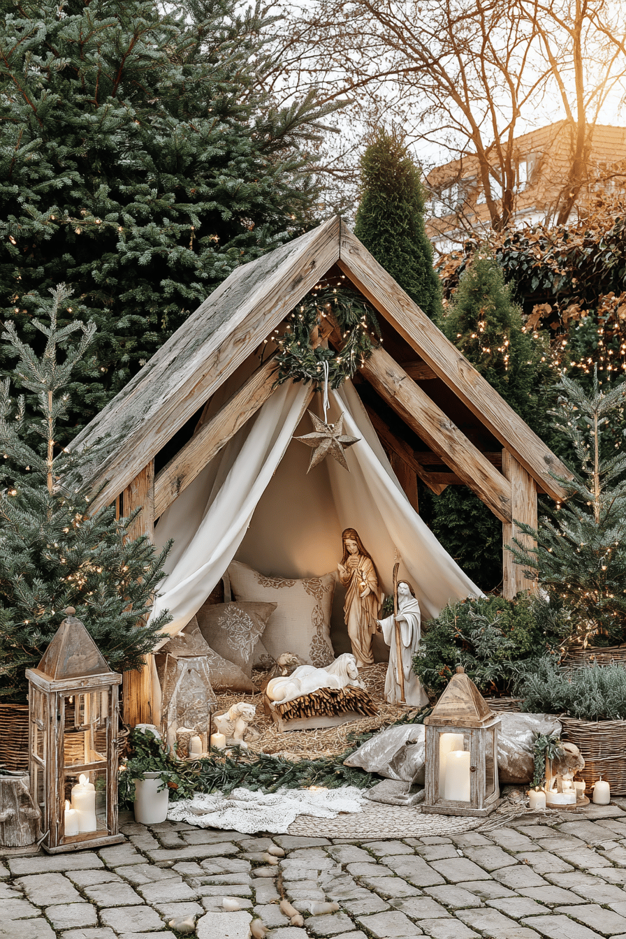 Eine liebevoll gestaltete Weihnachtskrippe im Garten mit Lichterketten und Holzdekorationen.