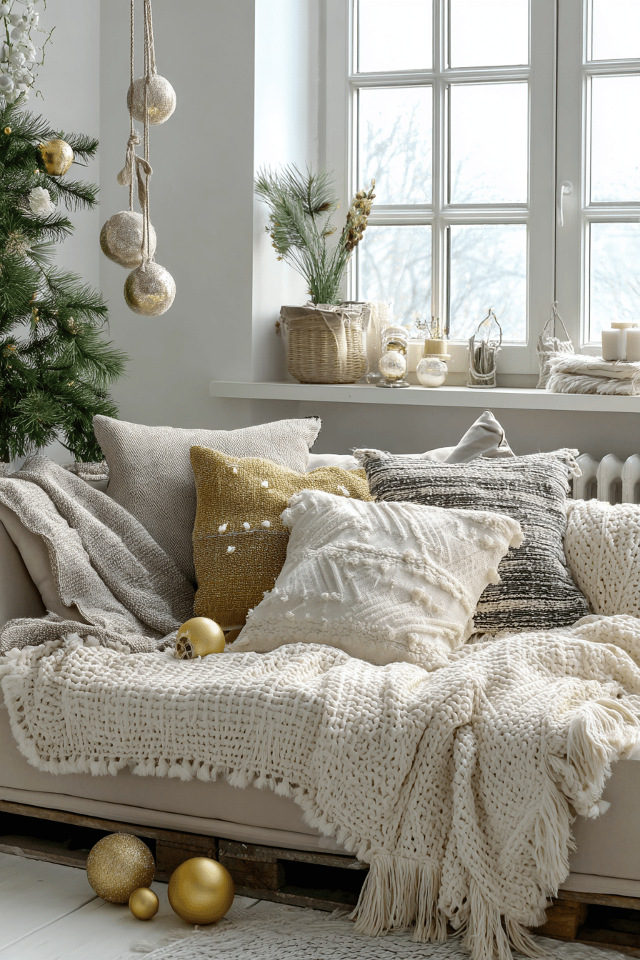 Gemütliches Wohnzimmer mit weihnachtlichen Textilien und Dekorationen in neutralen Farben.