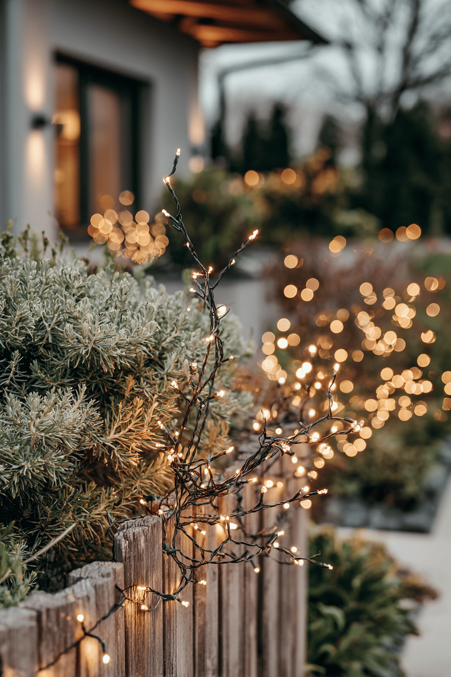 Ein Gartenzaun und Sträucher sind mit warmweißen Lichterketten dekoriert, die für festlichen Glanz sorgen.