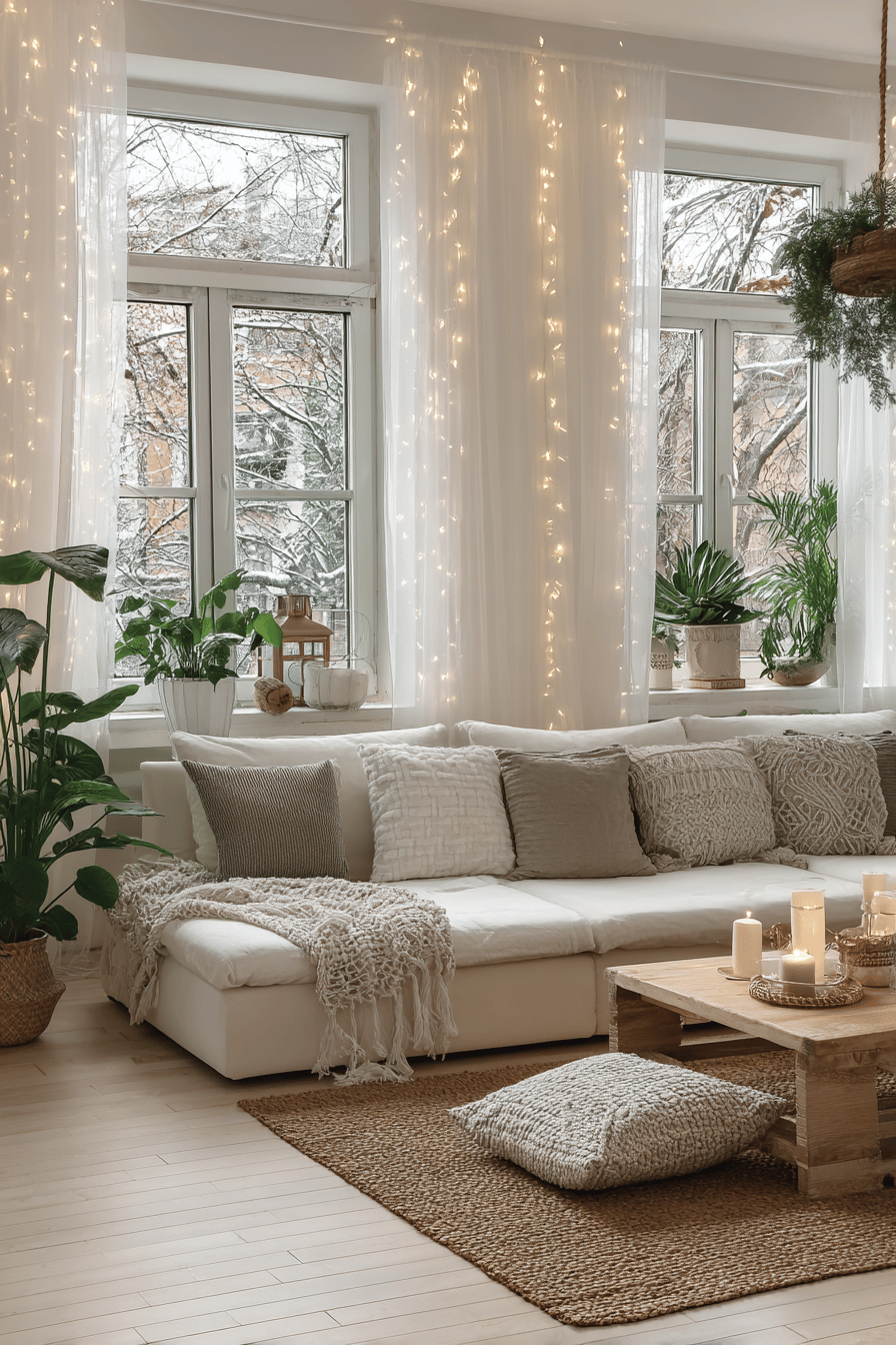 Wohnzimmer mit gemütlicher Sofa-Ecke, hellen Vorhängen und Lichterketten an den Fenstern.