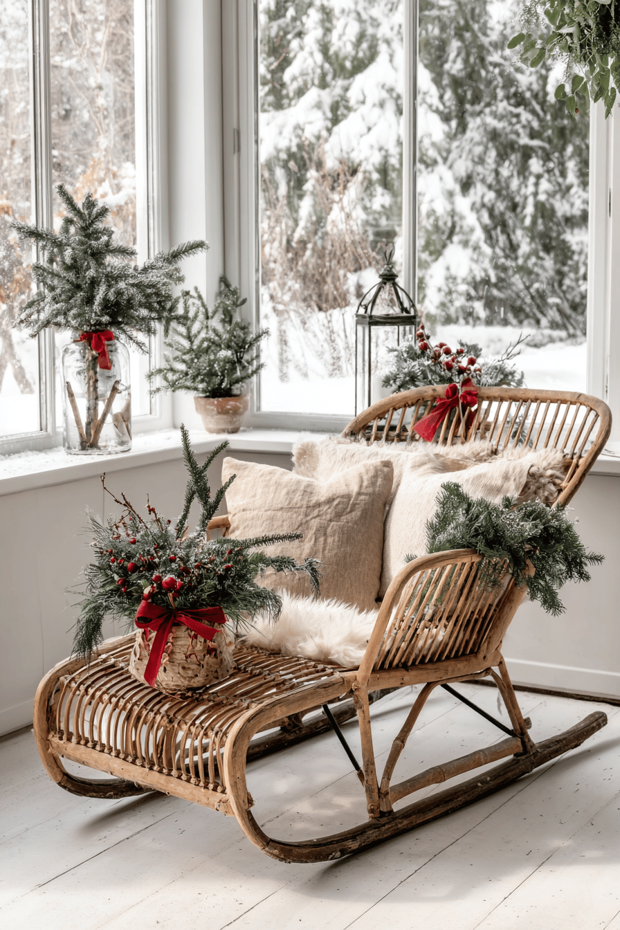 Ein nostalgischer Holzschlitten dekoriert mit Kissen und Tannenzweigen, in einem winterlichen Raum mit großen Fenstern.